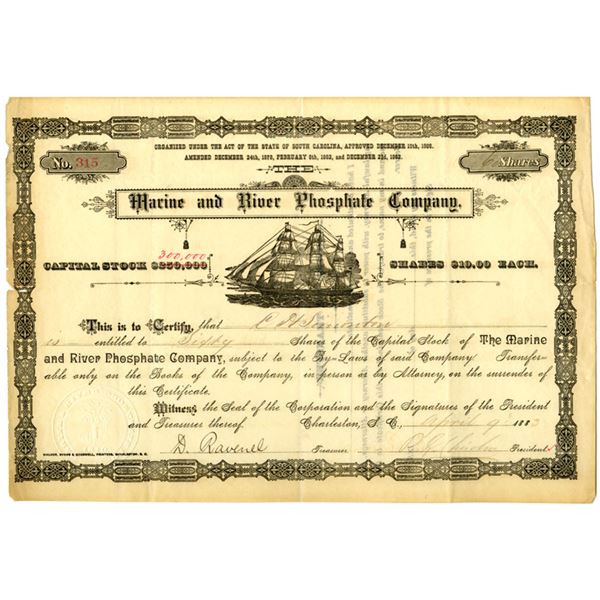 SC. Marine and River Phosphate Co., 1883, I/U Stock Certificate.