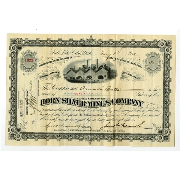 UT. Horn Silver Mines Co., 1928, I/U Stock Certificate.