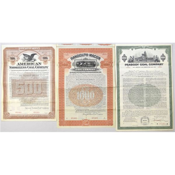Coal Related Trio of Specimen Coupon Bonds, 1903 to 1956.