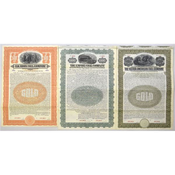 Fuel and Mining Specimen Coupon Bond Trio, 1910 to 1921.
