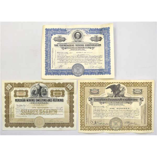 Mining Trio of I/U Stock Certificates, 1907 to 1939.