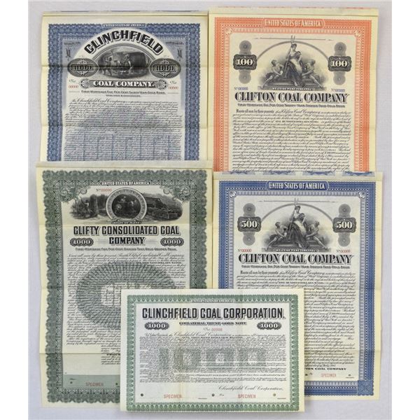 WV. VA. ME. Coal Mining  Specimen Coupon Bond Collection, 1905 to 1915.