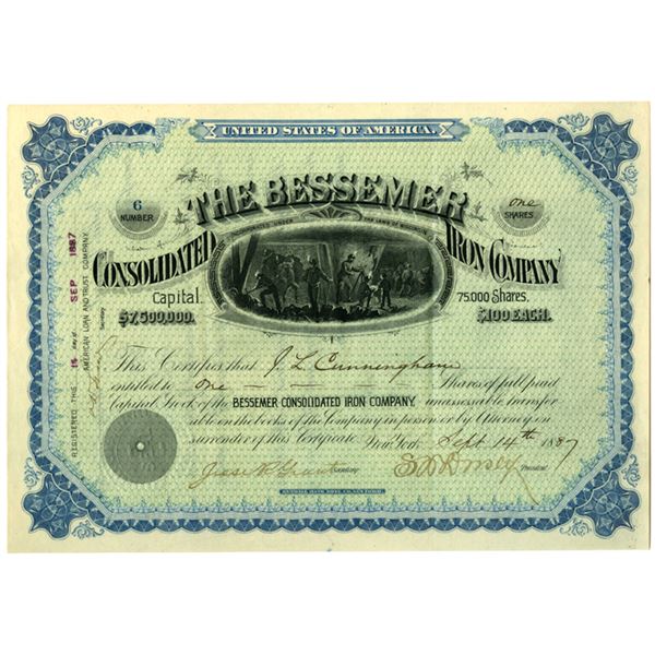 WI. Bessemer Consolidated Iron Co., 1887, I/U Stock Certificate.