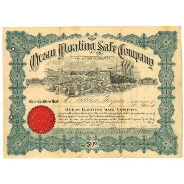 SD. Ocean Floating Safe Co., 1917, I/U Stock Certificate.