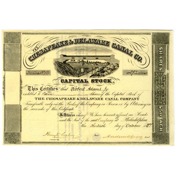 .Chesapeake & Delaware Canal Co., 1877, I/U Stock Certificate.