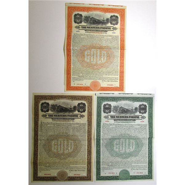 CA. Western Pacific Railroad Co., 1916, Specimen Gold Coupon Bond Trio.