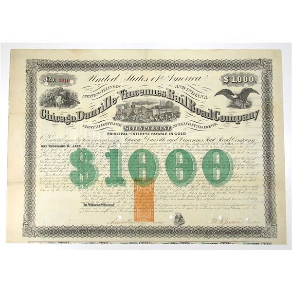 IL & IN. Chicago, Danville and Vincennes Railroad Co., 1872, I/C Bond with RN-W2 $1 Imprinted Revenu