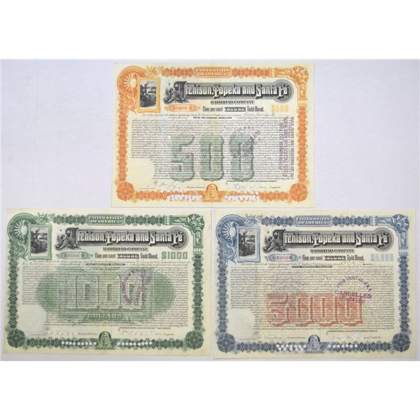 KS. Atchison, Topeka and Santa Fe Railroad Co., 1889, I/C Bond Trio.