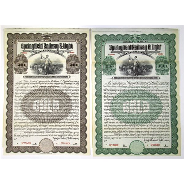 ME. Springfield Railway and Light Co., 1911, Specimen Coupon Gold Bond Pair.