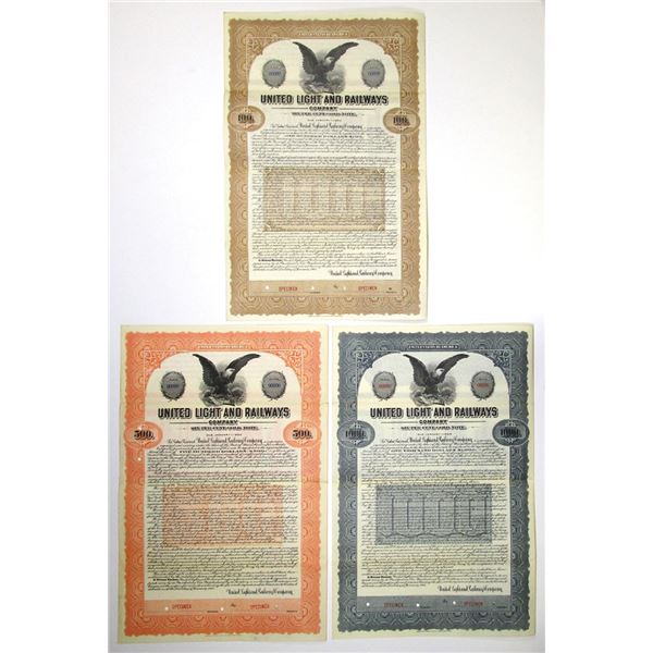 ME. United Light and Railways Co., 1915, Specimen Gold Coupon Bond Trio.