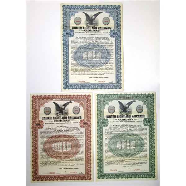 ME. United Light and Railways Co., 1918, Specimen Gold Coupon Bond Trio.