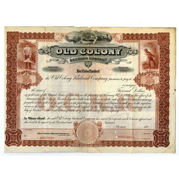 MA. Old Colony Railroad Co., ND (1890s), Specimen Registered Gold Bond.