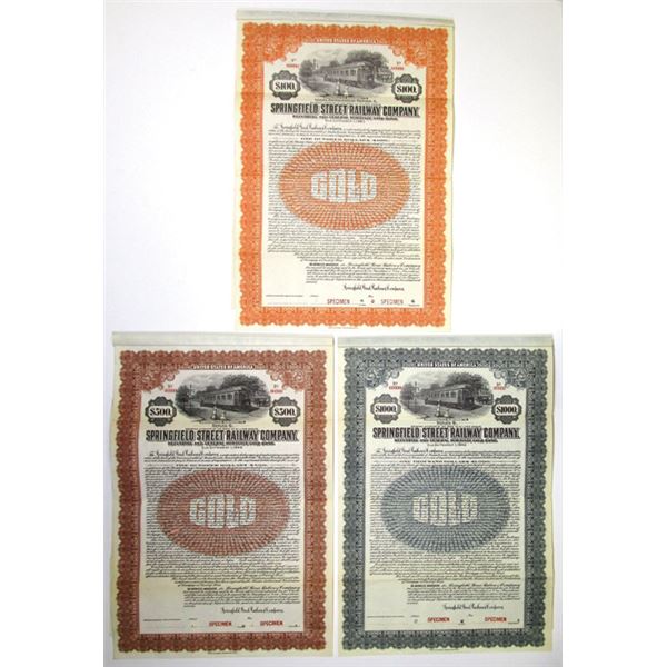 MA. Springfield Street Railway Co., 1920, Series A & B, Specimen Gold Coupon Bond Trio.