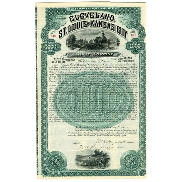 MO. Cleveland, St. Louis and Kansas City Railway Co., 1888, I/U Coupon Bond.