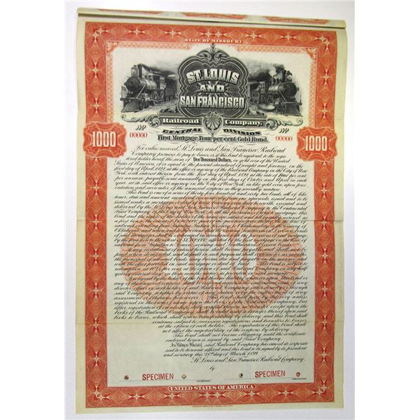 MO. St. Louis and San Francisco Railroad Co. Central Division, 1899, Specimen 4% Gold Coupon Bond.