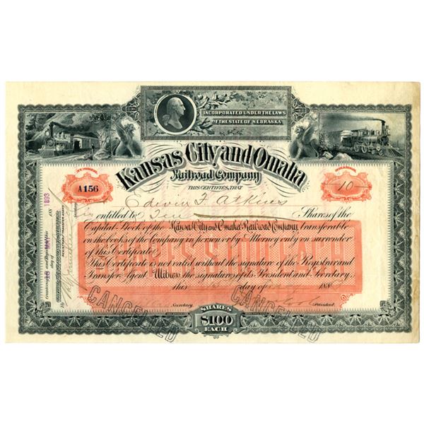 NB. Kansas City and Omaha Railroad Co., 1893, I/C Stock Certificate.