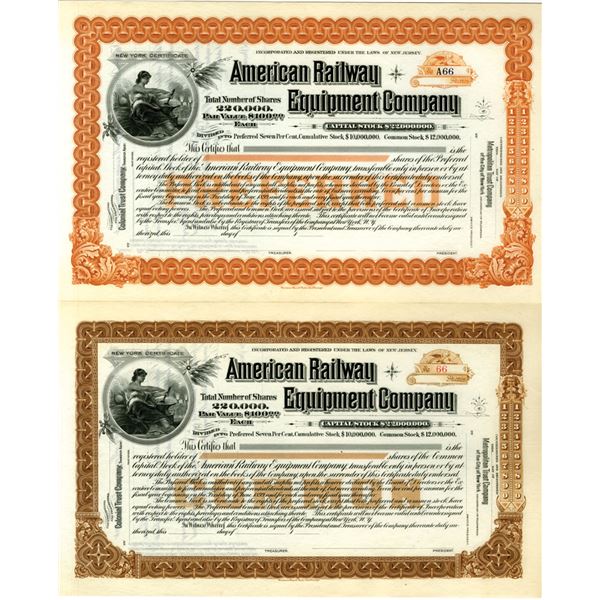 NJ. American Railway Equipment Co., ND (1890s to 1900s), Stock Certificate Remainder Pair