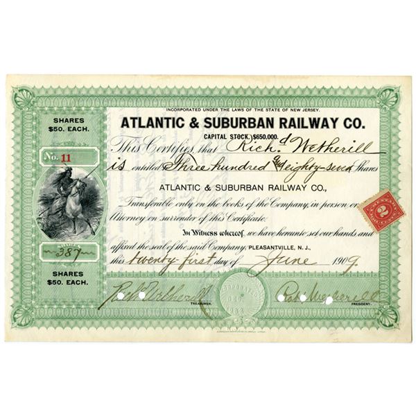 NJ. Atlantic & Suburban Railway Co., 1909, I/C Stock Certificate.