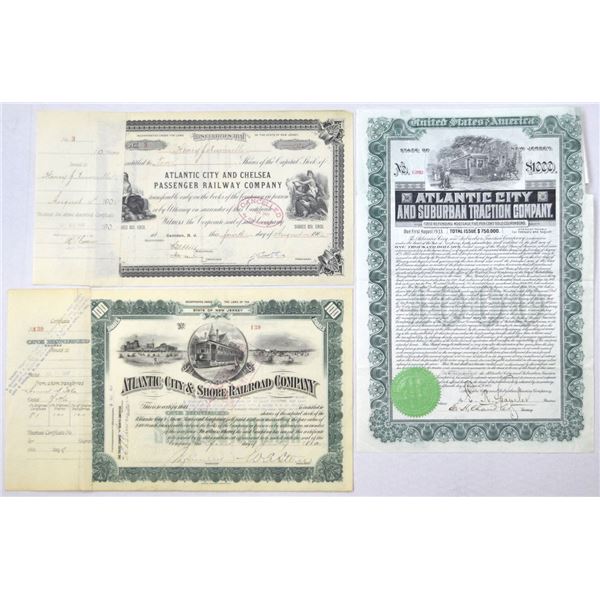 NJ. Atlantic City Railroad Stock & Bond Certificate Trio, 1902 to 1907.