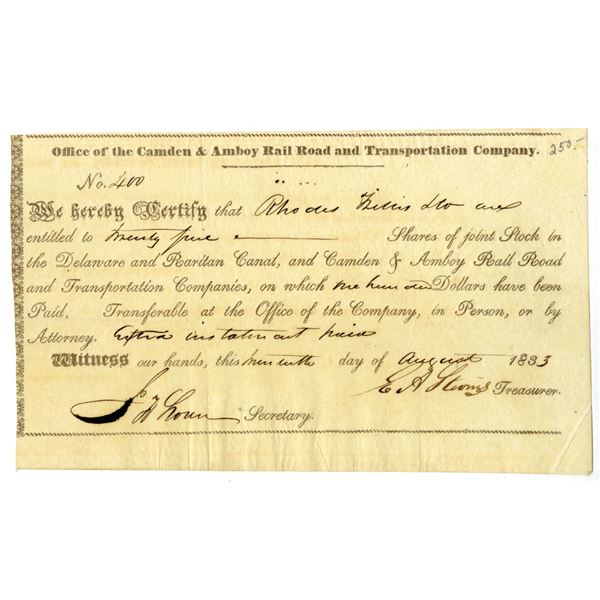 NJ. Camden & Amboy Rail Road and Transportation Co., 1833, I/U Joint Stock Certificate.