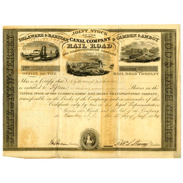NJ. Delaware & Raritan Canal Co. and Camden & Amboy Railroad Joint Stock, 1834, I/U Stock Certificat