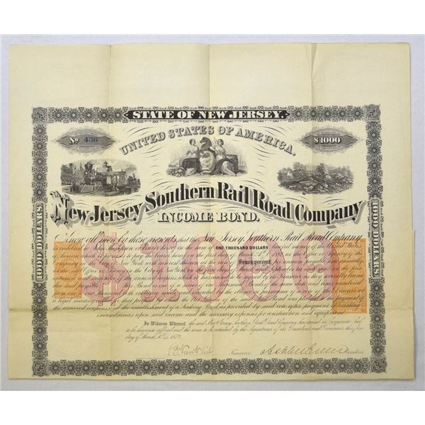 NJ. New Jersey Southern Rail Road Co., 1872, I/U Bond.
