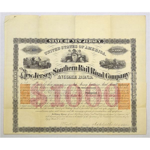 NJ. New Jersey Southern Rail Road Co., 1872, I/U Bond.
