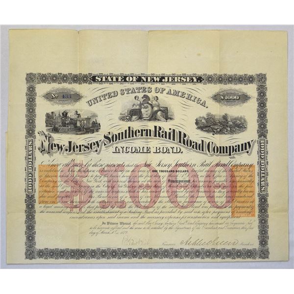 NJ. New Jersey Southern Rail Road Co., 1872, I/U Bond.