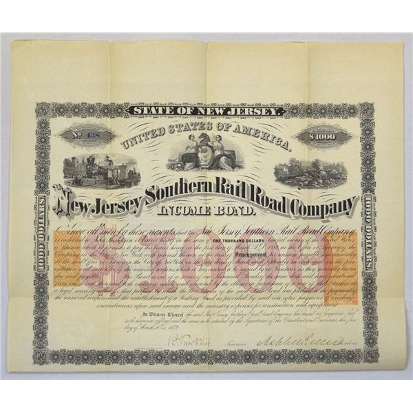 NJ. New Jersey Southern Rail Road Co., 1872, I/U Bond.