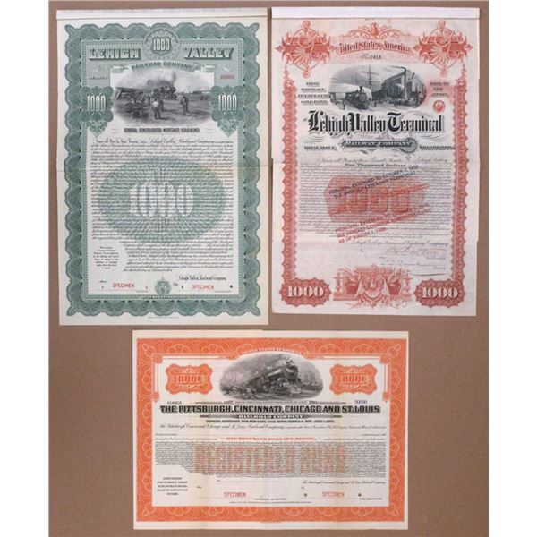 NJ. PA. OH.  Railroad Specimen and Issued Bond Trio, ca.1891 to 1920