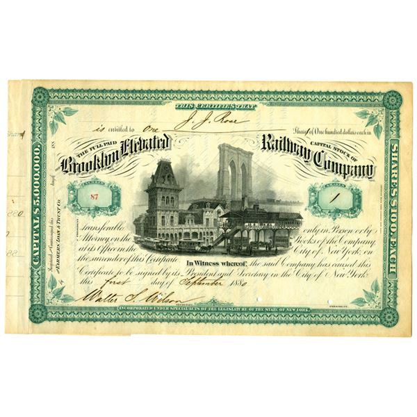 NY. Brooklyn Elevated Railway Co., 1880, Partially Issued Stock Certificate.