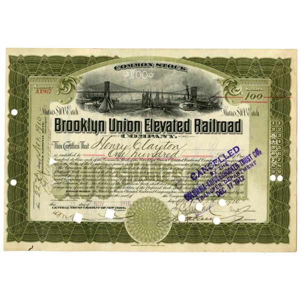 NY. Brooklyn Union Elevated Railroad Co., 1910, I/C Stock Certificate.