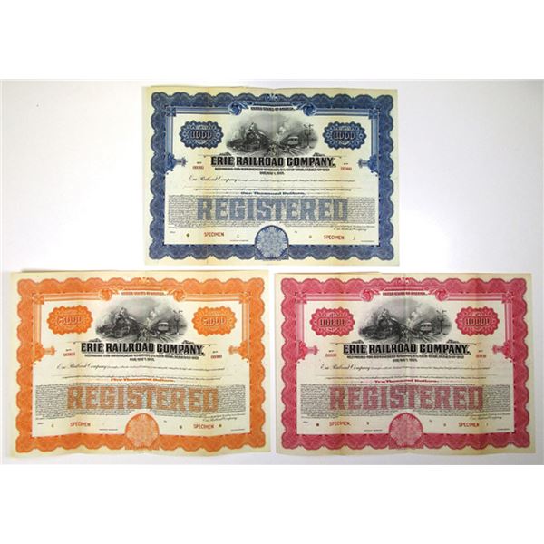 NY. Erie Railroad Co., 1927, Specimen Registered Railroad Bond Trio.