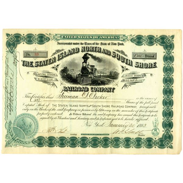 NY. Staten Island North and South Shore Railroad Co., 1883, I/U Stock Certificate.