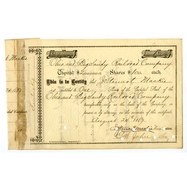 OH. Ohio and Big Sandy Railroad Co., 1889, I/C Stock Certificate, ITASB J. Stewart Mackie.