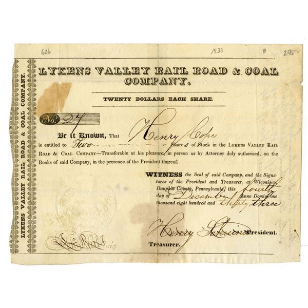 PA. Lykens Valley Rail Road & Coal Co., 1833 I/C Stock Certificate
