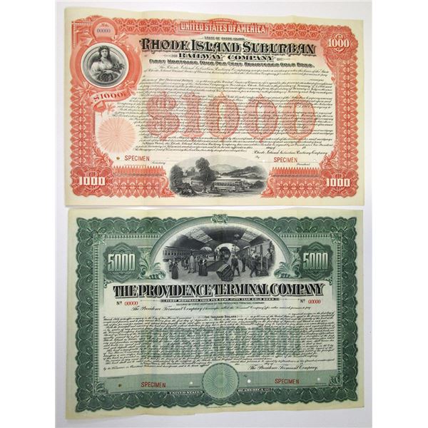 RI. Rhode Island Railroad Specimen Registered Gold Bond Pair, c.1900 and 1906