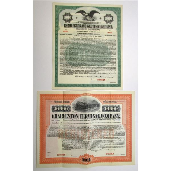SC. Charleston Railroad Specimen Bond Pair, 1903 and 1920.