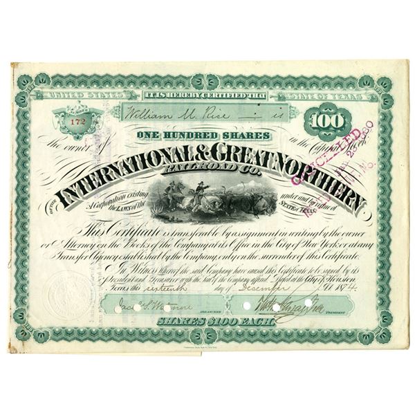 TX. International & Great Northern Railroad Co., 1874, I/C Stock Certificate signed by William Rice.