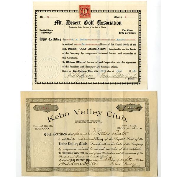 ME. Kebo Valley Club and Mt. Desert Golf Assoc., 1902 & 1916, I/U Stock Certificate Pair.