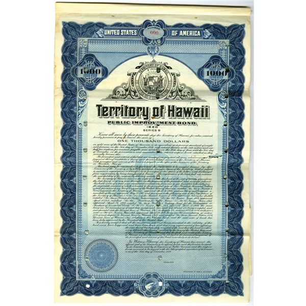 HI. Territory of Hawaii, 1920, Specimen Public Improvement Bond.