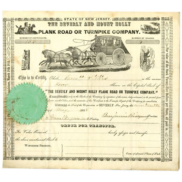 NJ. Beverly and Mount Holly Plant Road of Turnpike Co., 1855, I/U Stock Certificate.