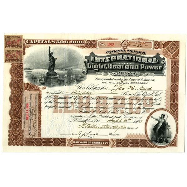 DE. International Light, Heat and Power Co., 1900, I/U Stock Certificate with Outstanding Statue of 