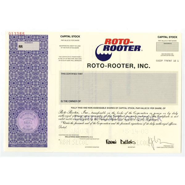 Roto-Rooter, Inc., 2003 Odd Shrs Specimen Capital Stock Cert, VF ABNC