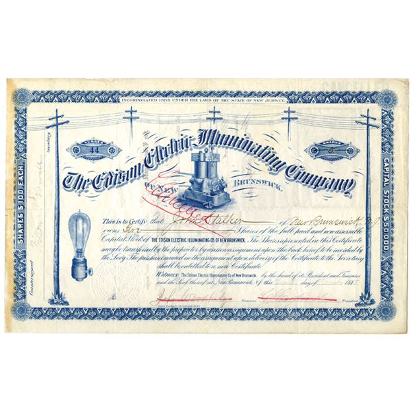 NJ. Edison Electric Illuminating Co. of New Brunswick, 1885, I/C Stock Certificate.
