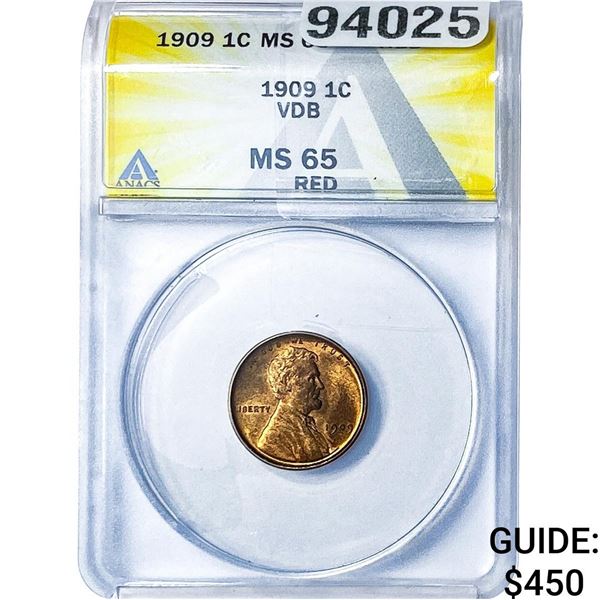 1909 VDB Wheat Cent ANACS MS65 Red