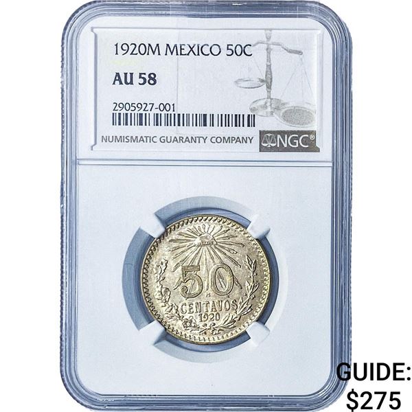 1920M Mexico Silver 50 Centavos NGC AU58
