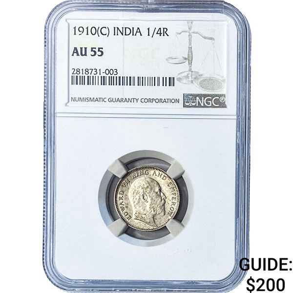 1910[C] British India Silver 1/4 Rupee NGC AU55