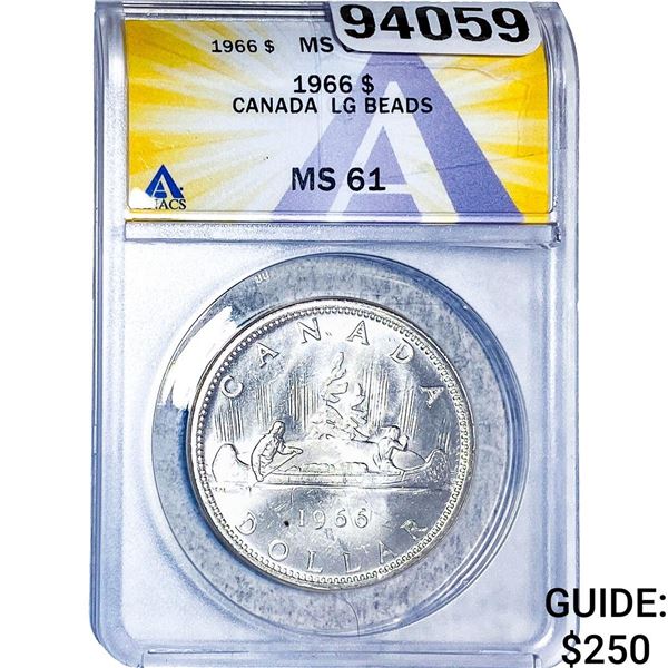 1966 Canada Silver Dollar Large Beads ANACS MS61