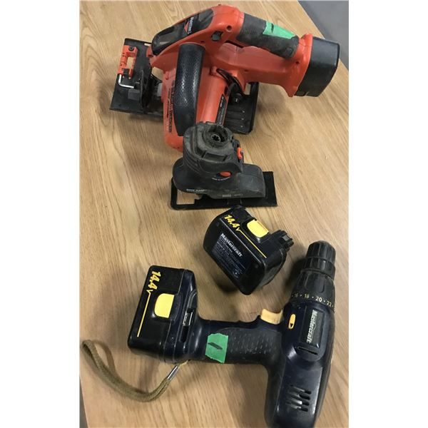ESTATE:  MASTERCRAFT DRILL, 2 BATTERIES, B&D CORDLESS SKILL SAW, 1 BATTERY & B&D JIG SAW ATTACHMENT
